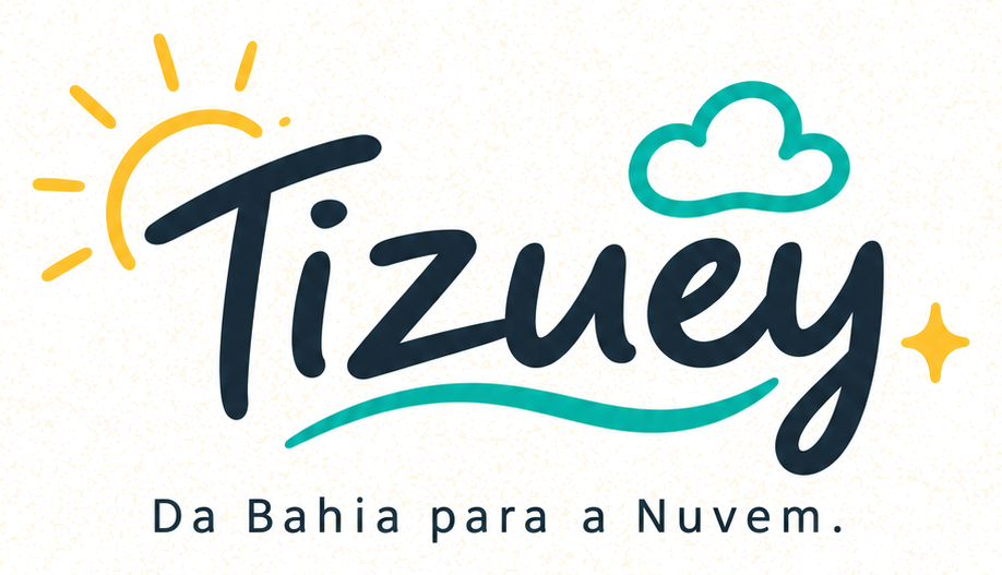 Tizuey. Da Bahia para a Nuvem. Letras manuscritas com um sol amarelo, uma nuvem turquesa e uma onda abaixo do nome.